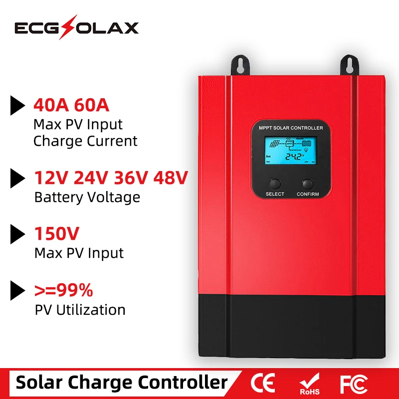 

ECGSOLAX Esmart3 MPPT Solar Charge Controller 60A 40A Battery 48V 36V 24V 12V Solar Regulator Back-light LCD Max 150VDC Input