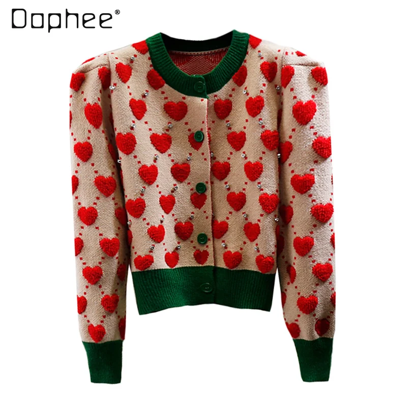 

Rhinestone Beaded Love Jacquard Cardigan Women Color Matching Puff Sleeve Sweater Coat Ladies Slimming Top Autumn Winter 2022