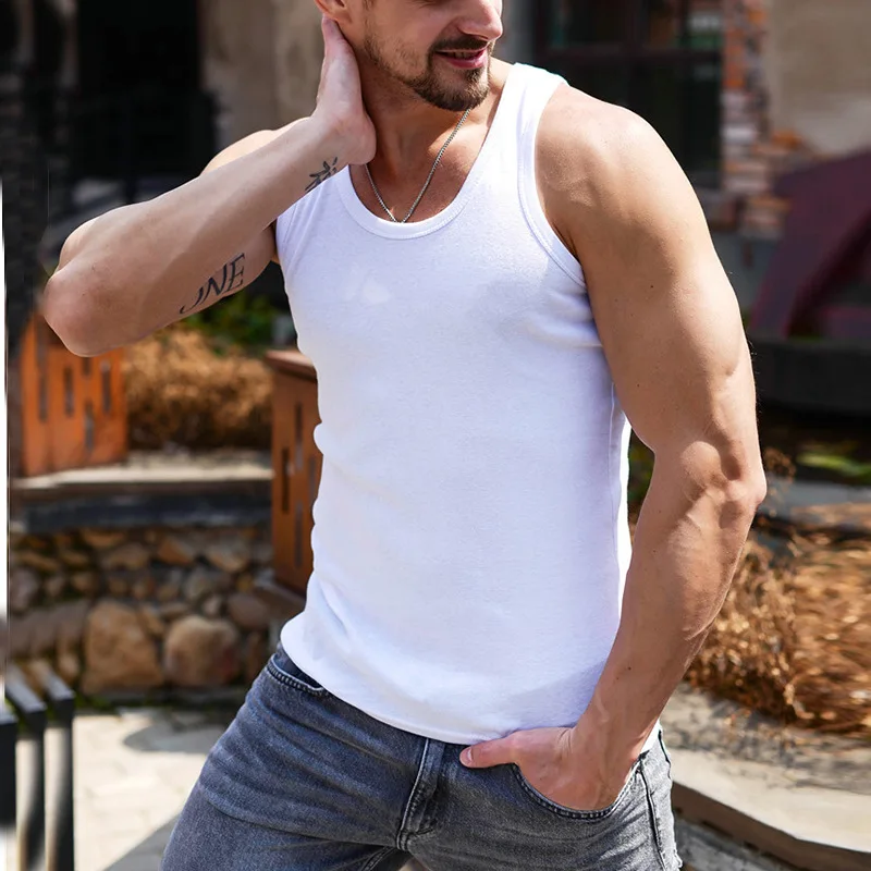 

Summer Leisure Man Simple Camisole Casual Pure Men Tank Tops Straps O Neck Sleeveless Sports Training Fitness Vest Clothes