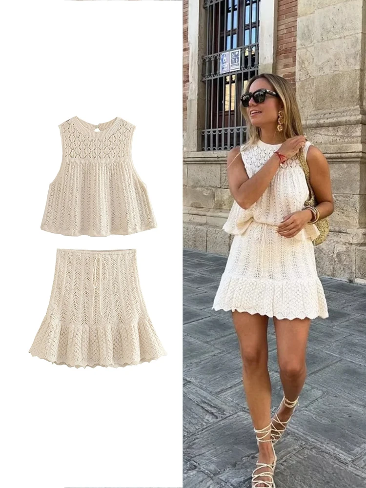 Traf Женский Вязаный Комплект Миди Элегантный Топ Без Рукавов С Круглым Вырезом И