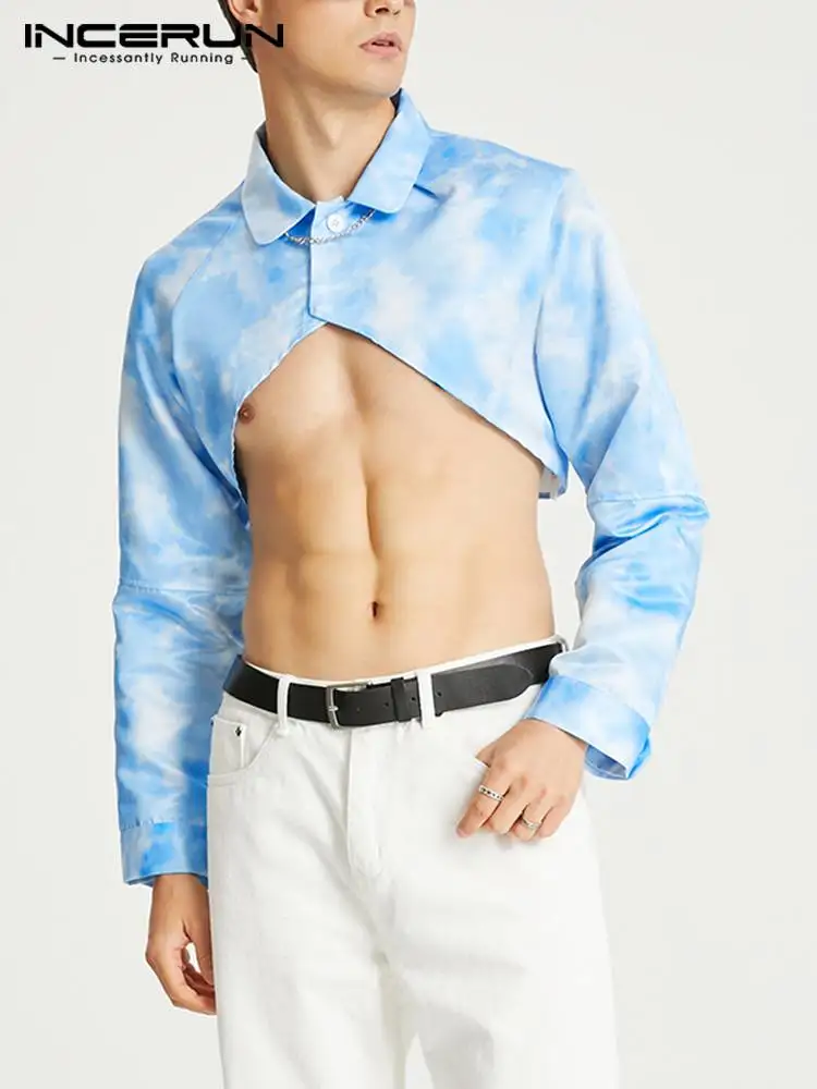 

INCERUN Men Irregular Shirt Tie Dye Lapel Long Sleeve Sexy Streetwear Crop Tops 2022 Fashion Personality Casual Camisas S-5XL