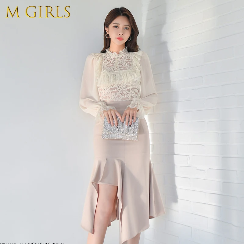 Spring New Women 2 Piece Set Korean Style Turtleneck Lace Tulle Sleeve Top + Side Hollow Mermaid Skirt Suits Women Clothing