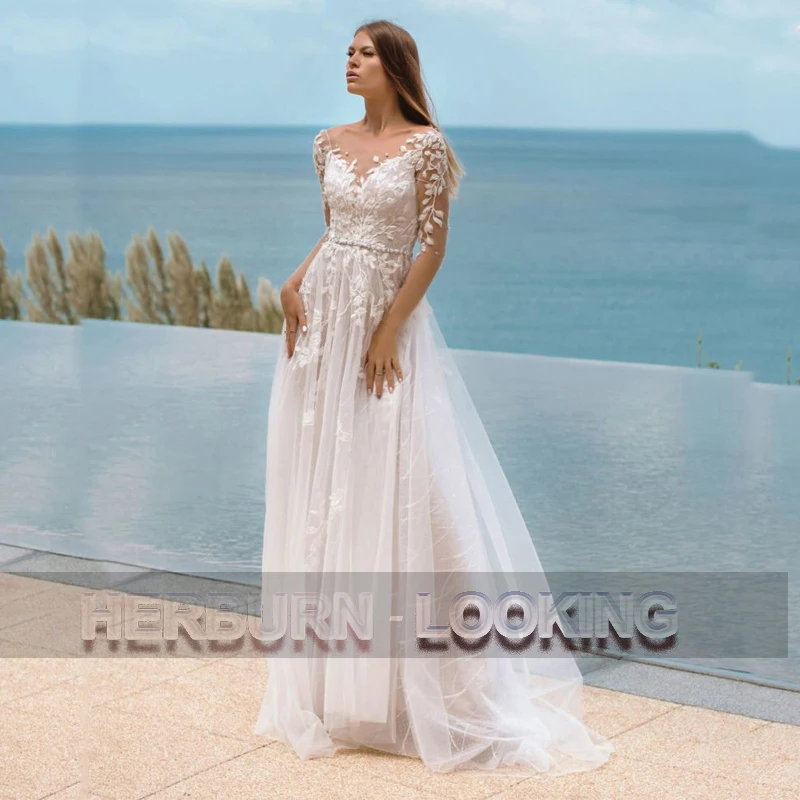 

HERBURN Romantic Beach Wedding Dresses Backless Court Train Tulle Elegant Made To Order Vestidos De Novia Brautmode Robe Mariee