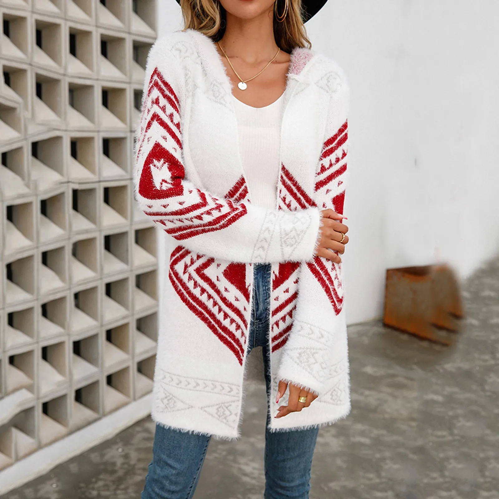 

Women Overcoat Warm Printing Long Sleeve Open Front Winter Fashion Cardigan Outwear Hooded Cardigan Sweaters for Men