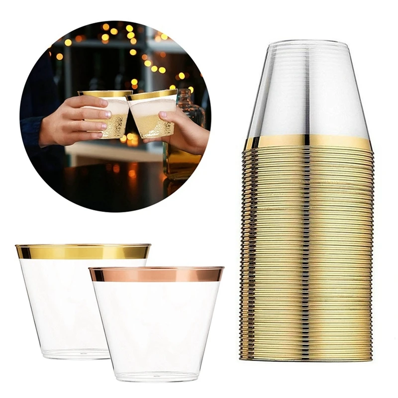 

50X Golden Plastic Cups 9 Oz Disposable Cup Plastic Wine Glass Party Cups Transparent Plastic Cup For Parties