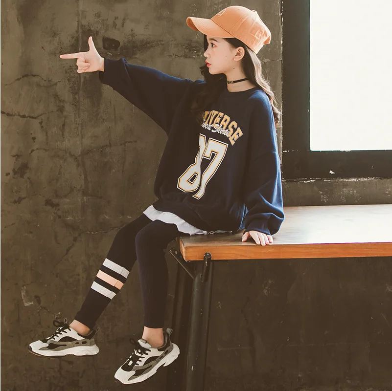 Girls Sweatshirt Sets Spring O-neck Pullover Leggings Two-piece Suit Blue Letter Teens Kids Clothes Tracksuit for Children 12 Y