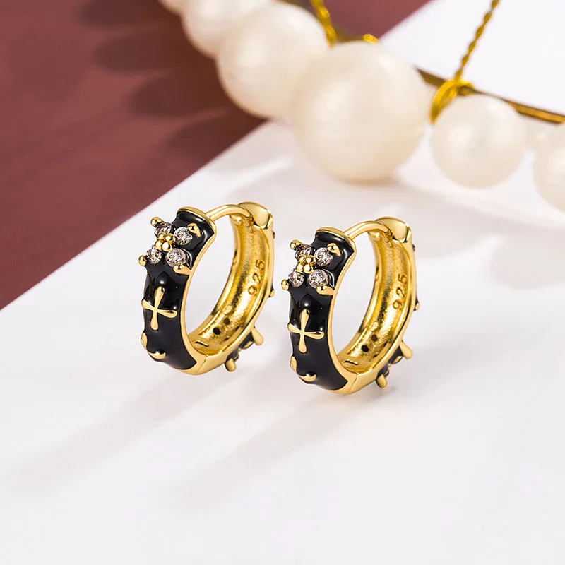 Женские серьги с черной эмалью KOFSAC разноцветные циркониевые в стиле ретро