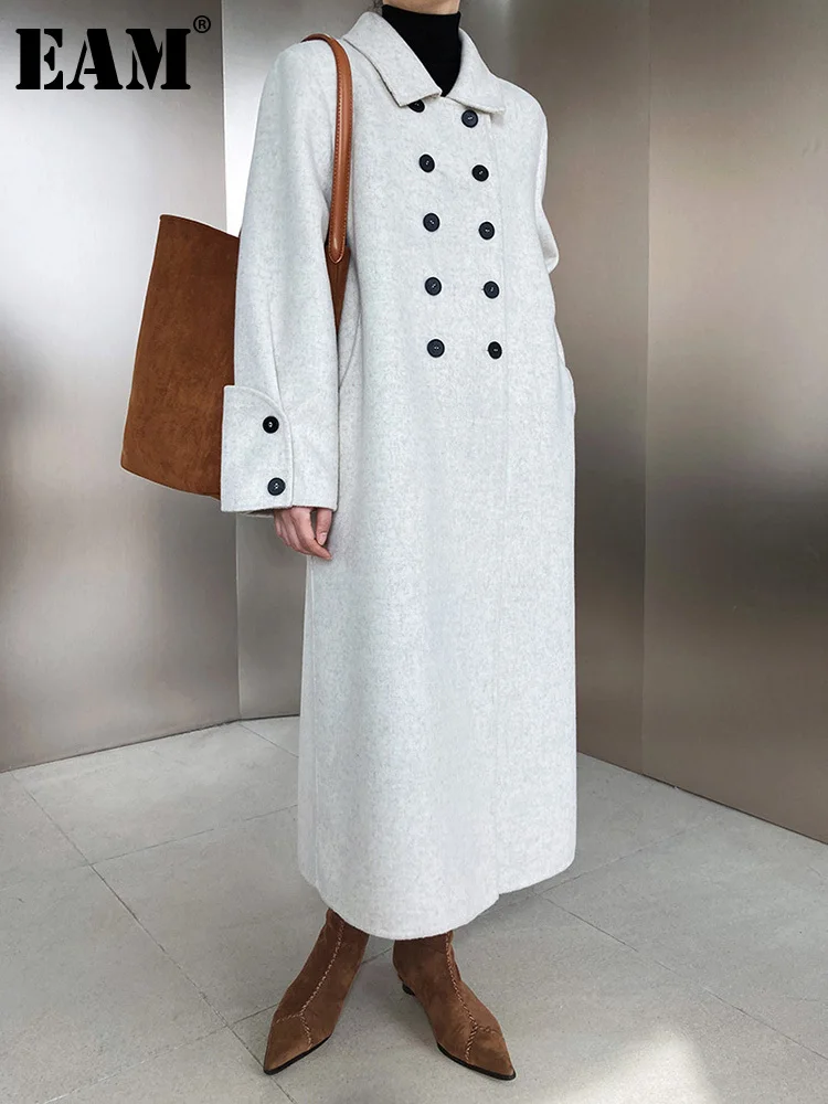 

[EAM] серый двубортный большой размер, Длинное Элегантное шерстяное пальто, парки, новинка, длинный рукав, Женская мода осень зима 2023 1DF3267