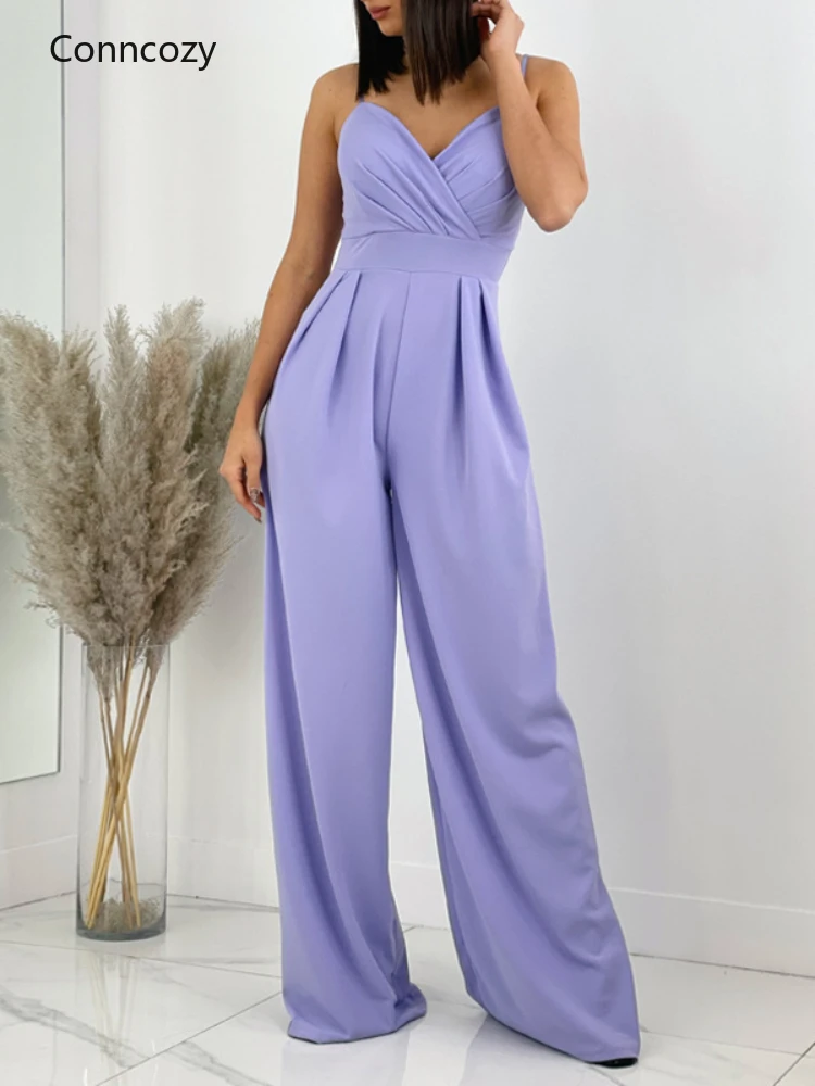 

Women Sexy Satin Spaghetti Strap Jumpsuit Fashion High Waist Pleated Slim Jumpsuits Long Party Jumpsuits Wide Leg Pant Jumpsuits