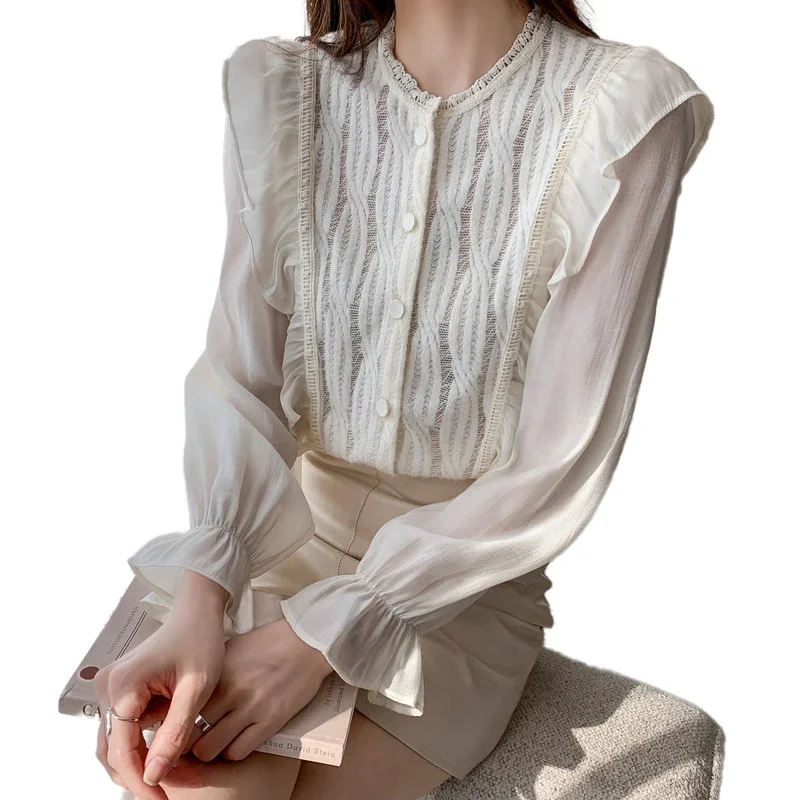 Модная кружевная женская рубашка с длинным рукавом и круглым вырезом оборками