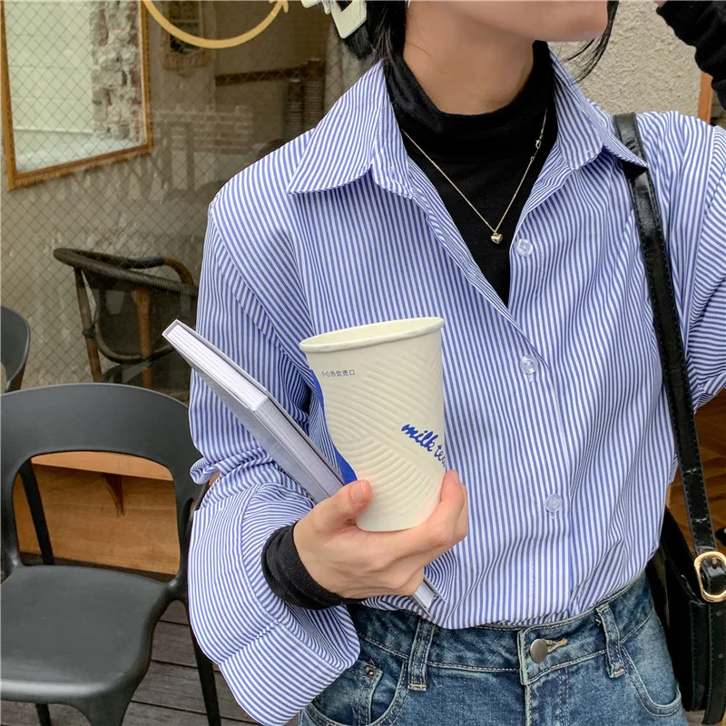 Купи New Versatile Women Long Sleeve Top Fashion Blue Striped Shirt Overlay The Inside Loose Casualsingle Breasted Women's Clothing за 1,378 рублей в магазине AliExpress