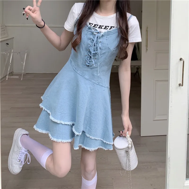 Jeans Women's Light Blue Summer 2023 New Denim Strap Dress Loose Slim Cake Short Skirt Fat Large Strap M-5XL 200jin