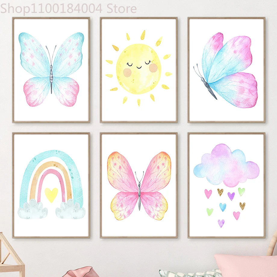 

Cartoon Butterfly Horse Rainbow Sun Cloud Wall Art Painting Canvas Nordic Posters And Prints Wall Pictures For Kids Room Decor