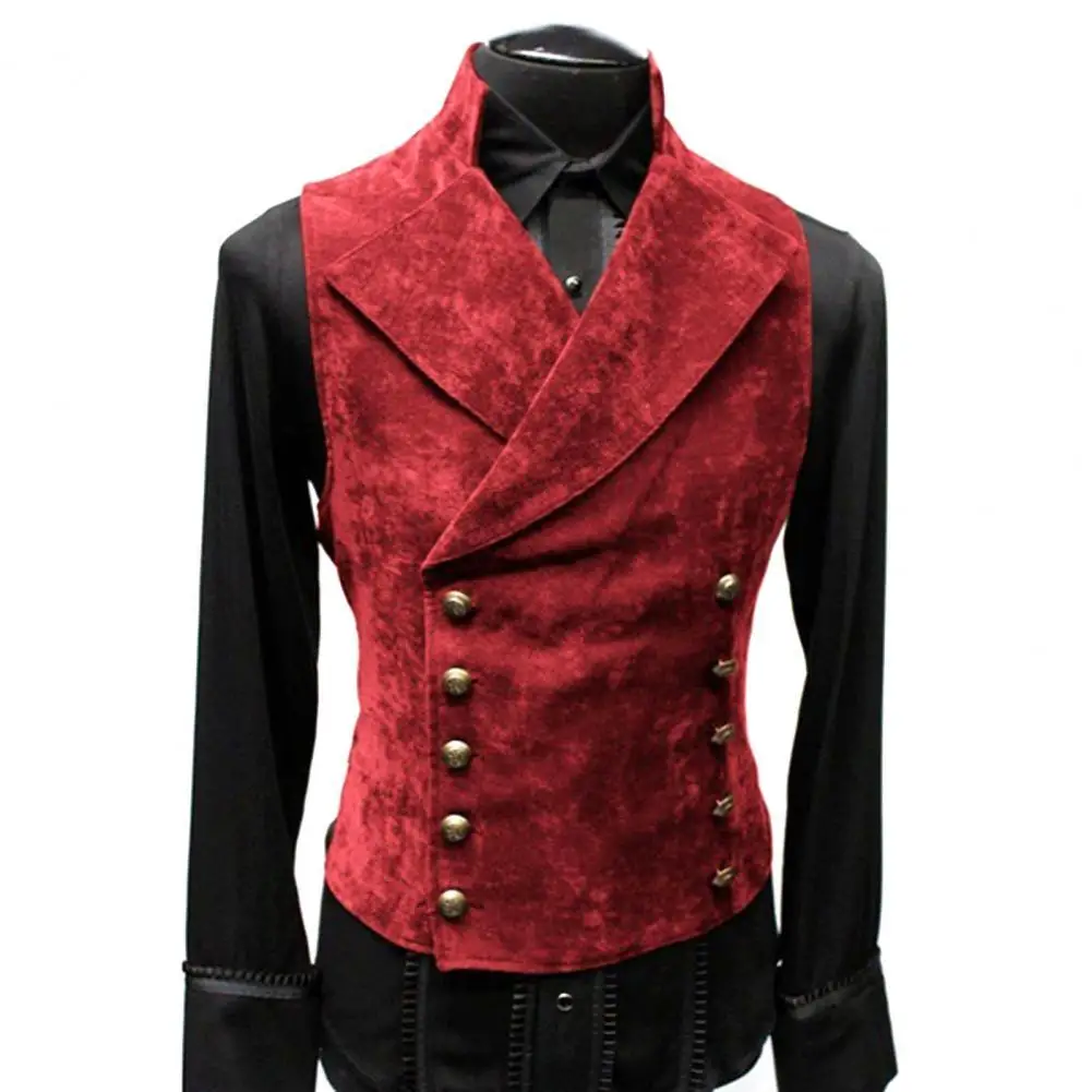 Vintage Red Suede Suit Vest Men  Waistcoat Stand Collar Solid Color Double Breasted Slim-Fit Vest Steampunk Gilet Homme