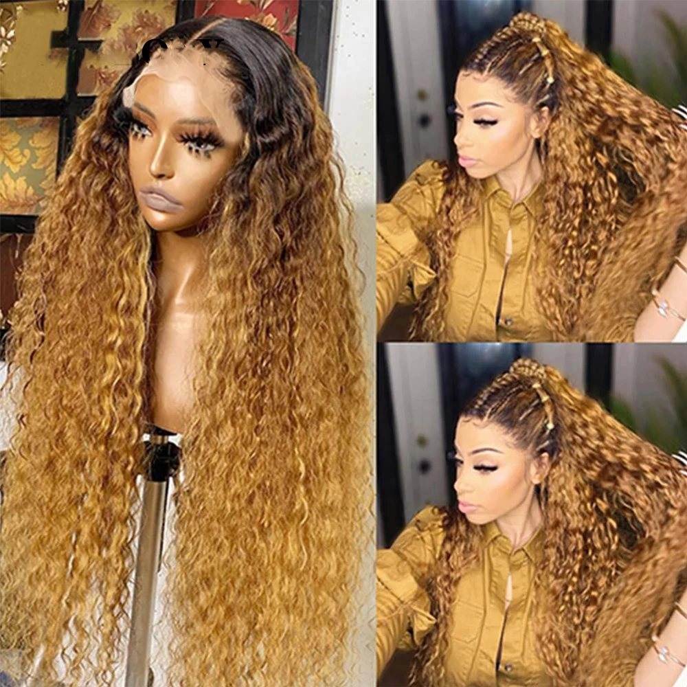 

Soft Preplucked 26Inch Long 180%Density Glueless Ombre Honey Blonde Kinky Curly Lace Front Wig For Black Women BabyHair Daily