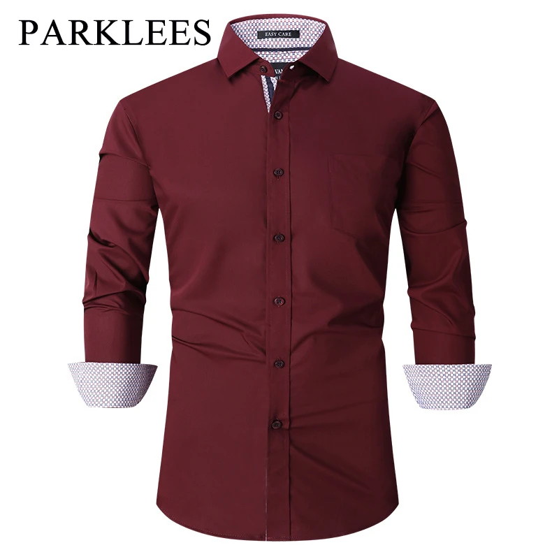 

Parklees Mens Wine Red Bamboo Fiber Formal Shirt 2022 Brand New Long Sleeve Slim Fit Shirts Businees Work Non Iron Shirt Chemise