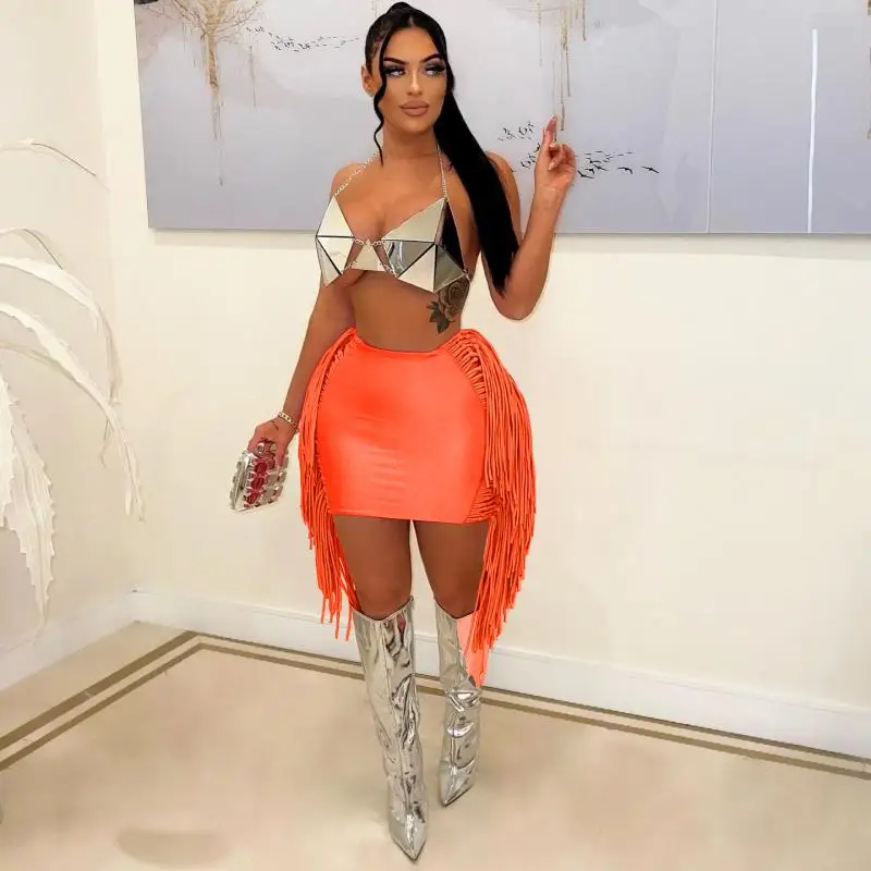 

New Women's Solid Color Sexy Fringed Skirt with Strappy Skirt