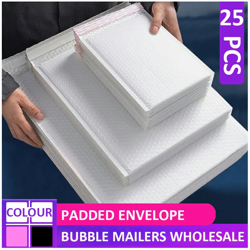 Sobres acolchados de burbujas de 25 piezas, venta al por mayor, color blanco, para embalaje, envío por correo, bolsas con autosellado, color negro y rosa