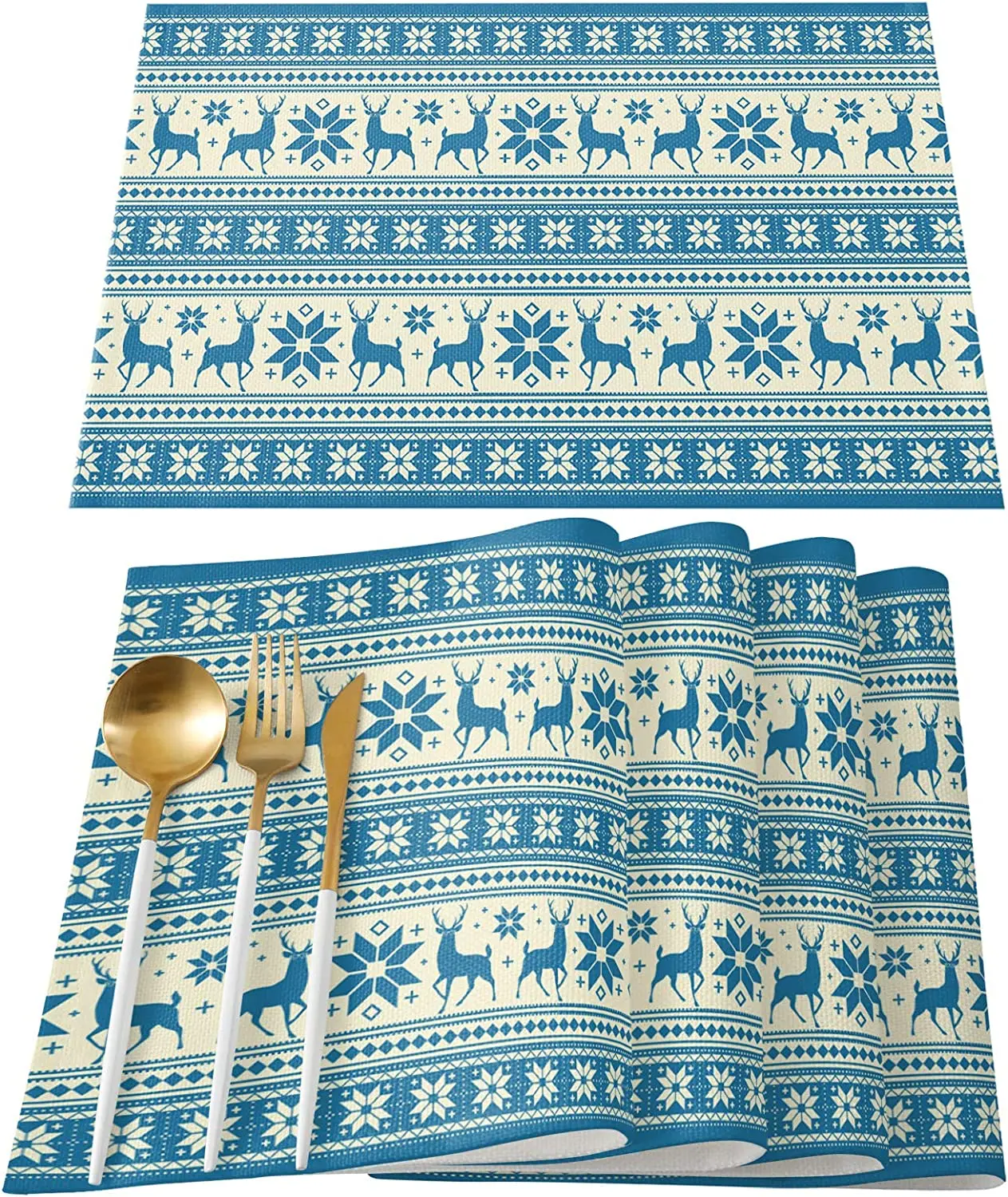 

Placemats Set of 4 Merry Christmas Reindeer Snowflakes Blue Stripe Place Mats Heat Resistant Holidays Table Mats for Dining