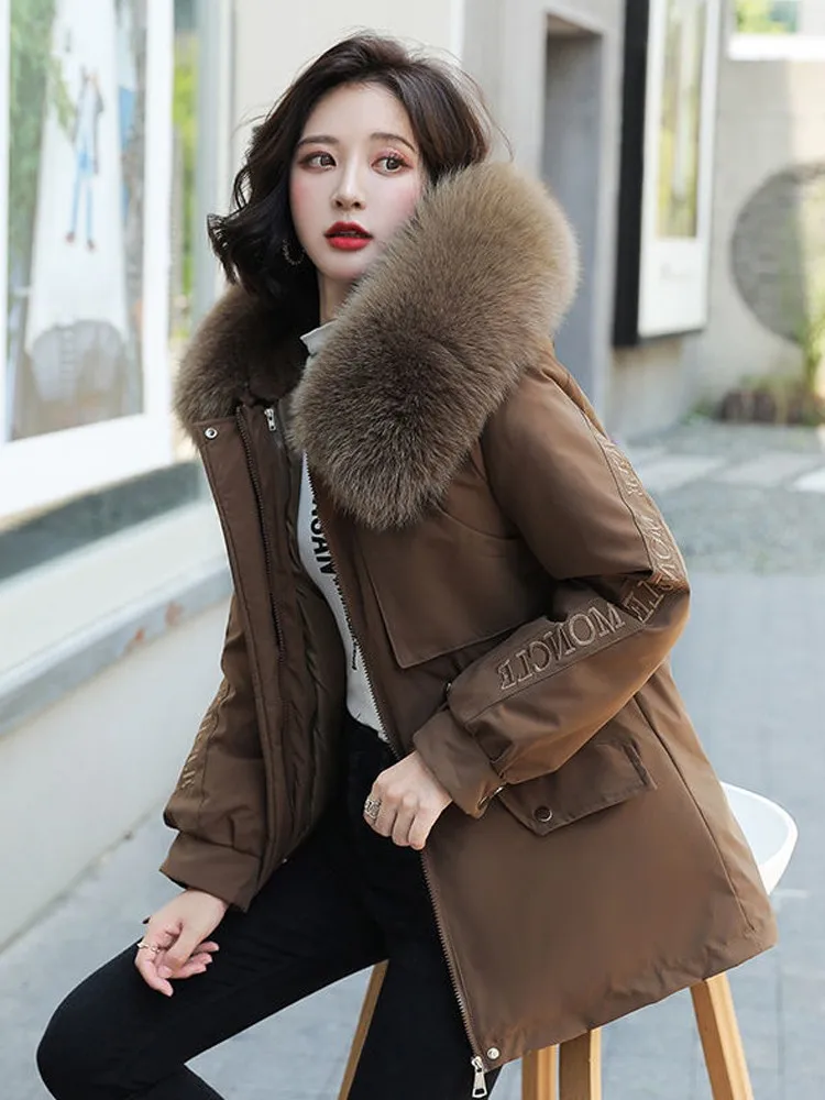 Фото ZQLZ зимняя куртка для женщин 2022 с капюшоном большой мех Толстая теплая свободная