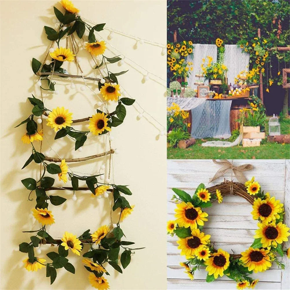 

2PCS 2.25m Fake Artificial Sunflower Flowers Garland Ivy Silk Leaf Plants Wedding Floral Arch Trailing Flowers Outdoor Decor