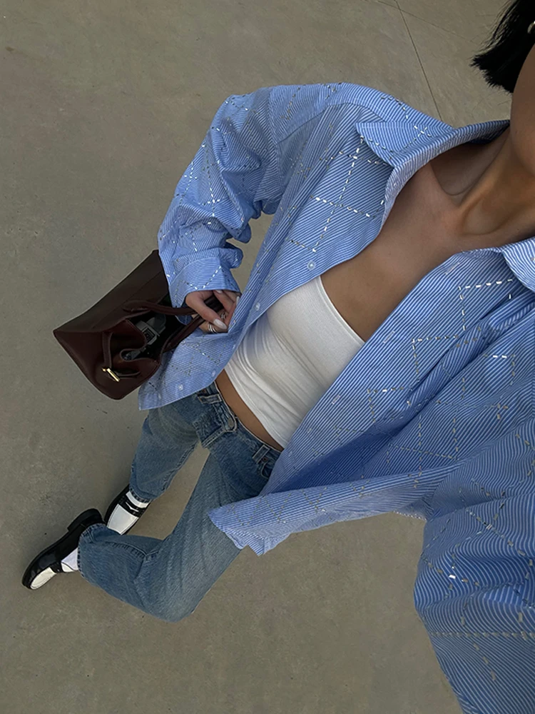 VanessaLab осень/зима свободная повседневная рубашка в синюю полоску с ромбовидным