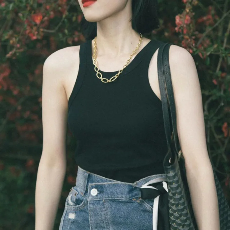 

22 Summer Elastic Leisure Threaded Cotton Vests Women Texture Light Color Vest Tops Vintage Slim Shoulder Digging Camisole Vests