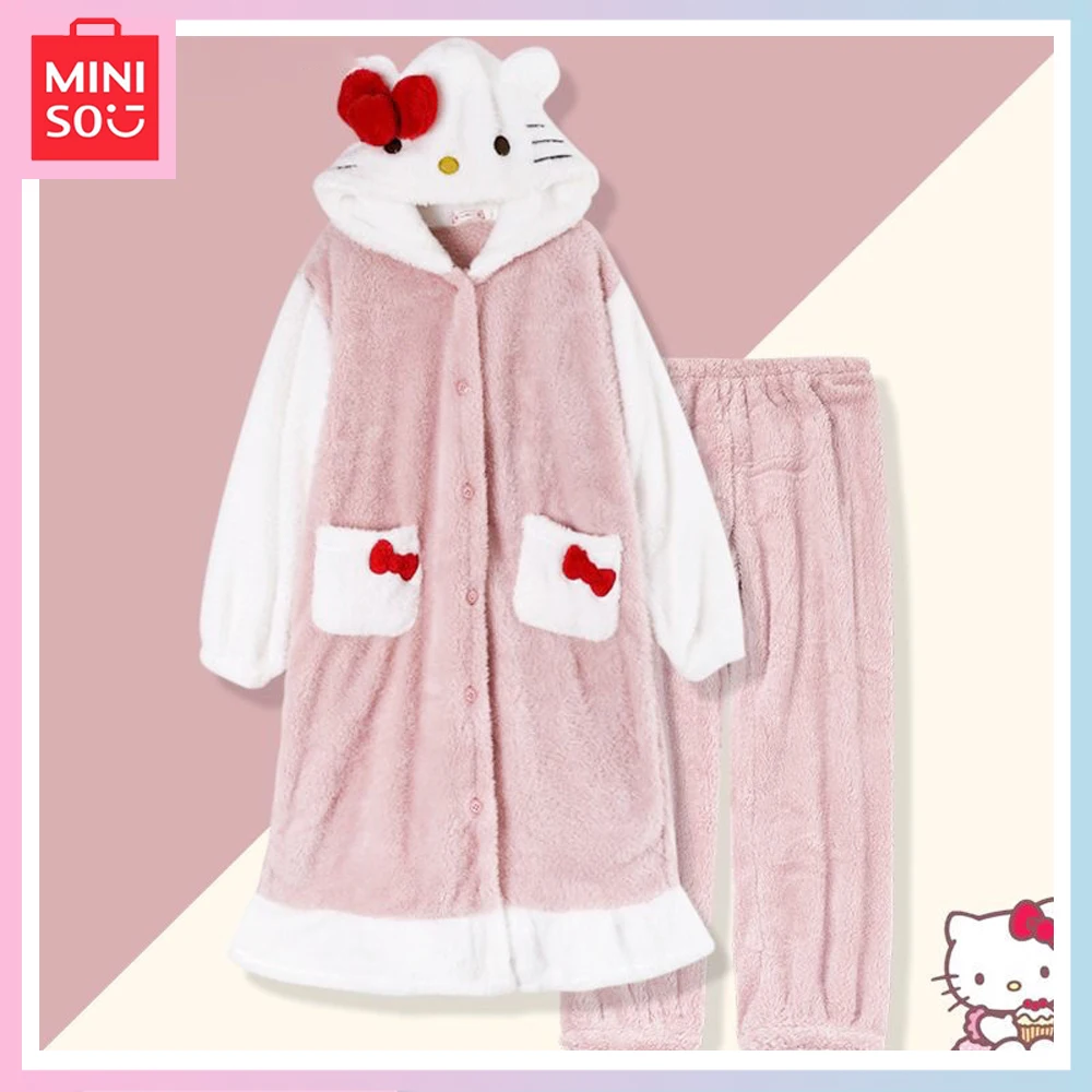 

Miniso Coral Velvet Cartoon Pink Sweet and Cute Hellokitty Pajamas with Velvet Thickened Warm Flannel Fall Winter Homewear Set