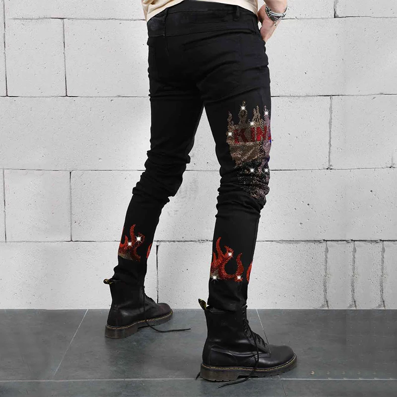 Mans Stretchy Black Jeans Skinny Slim Fit Hot Drill Punk Streetwear Biker Trousers Man Rhinestone Hole Letter Denim Pencil Pants