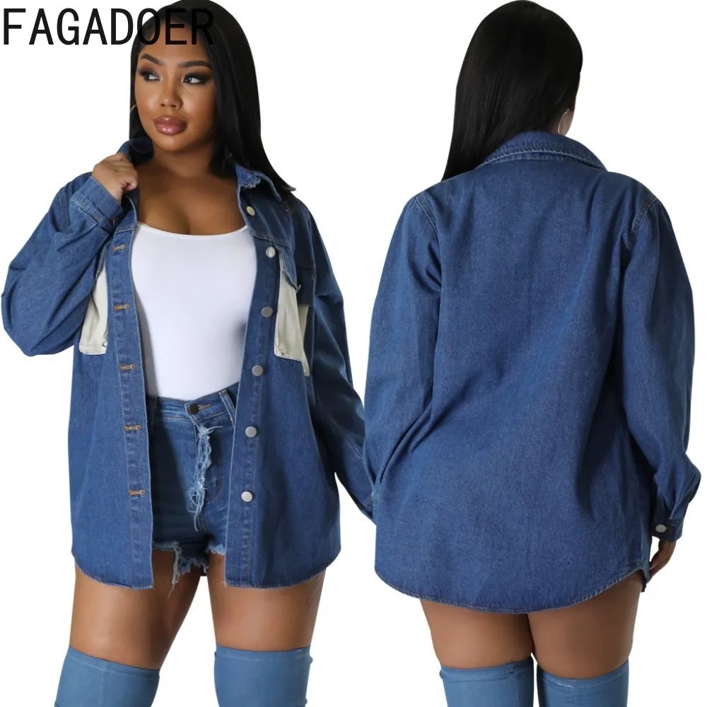 

Синие Осенние повседневные джинсовые пальто FAGADOER в стиле пэчворк, женская рубашка с отложным воротником и длинным рукавом, повседневные женские однотонные ковбойские Топы