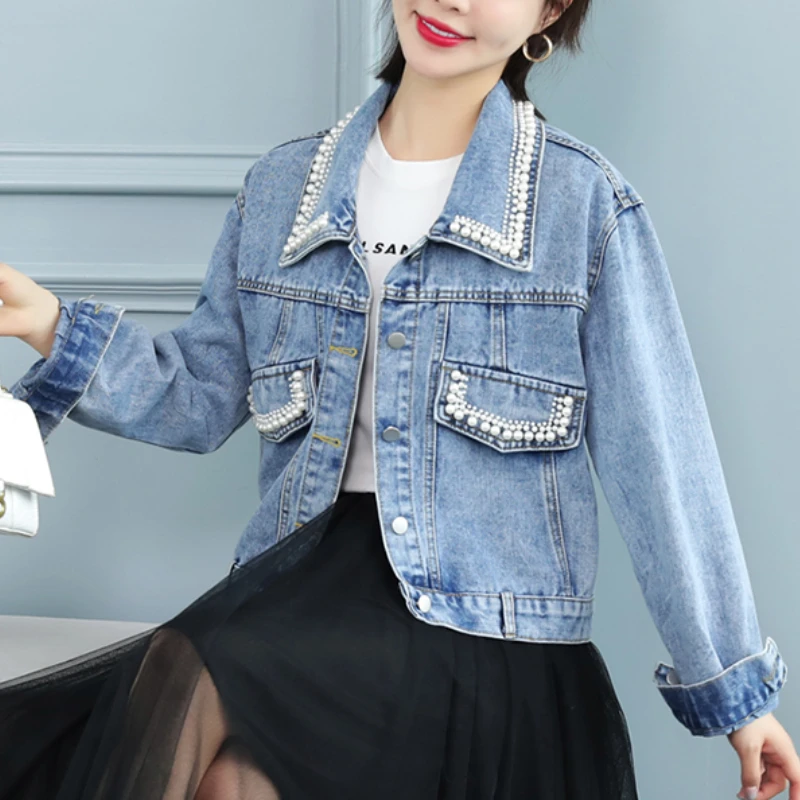 

Женское короткое джинсовое пальто, светильник-голубое однобортное облегающее пальто с отложным воротником и длинным рукавом, винтажное ос...