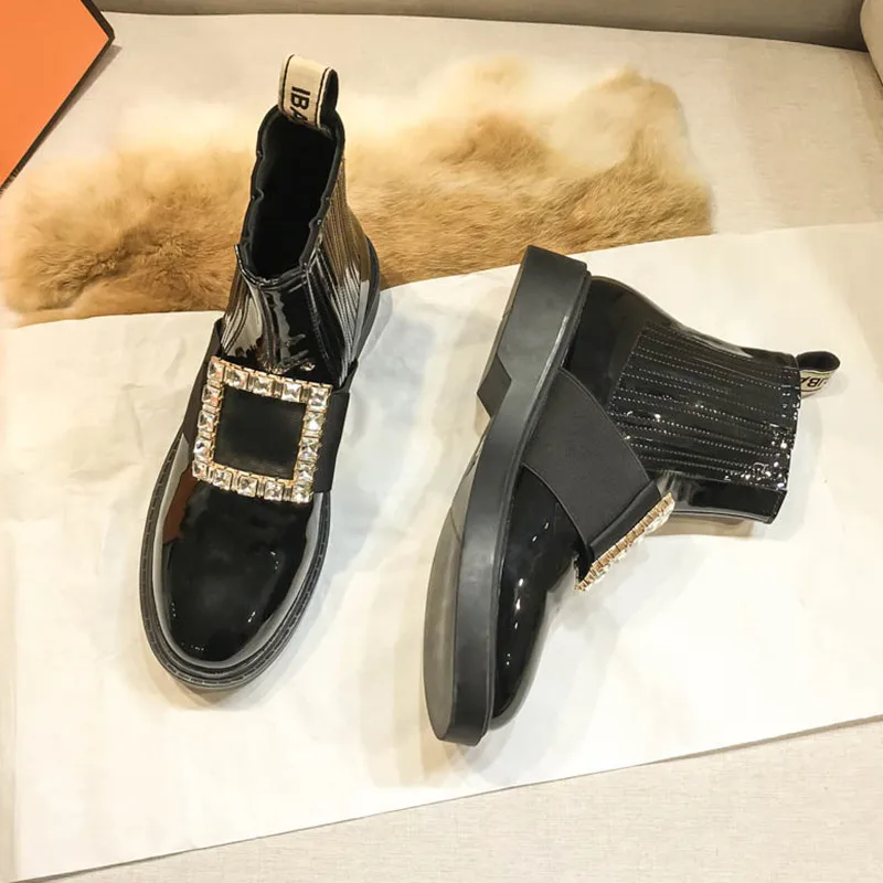 High quality patent leather Chelsea English rhinestone square buckle flat bottom spring and autumn short boots for women