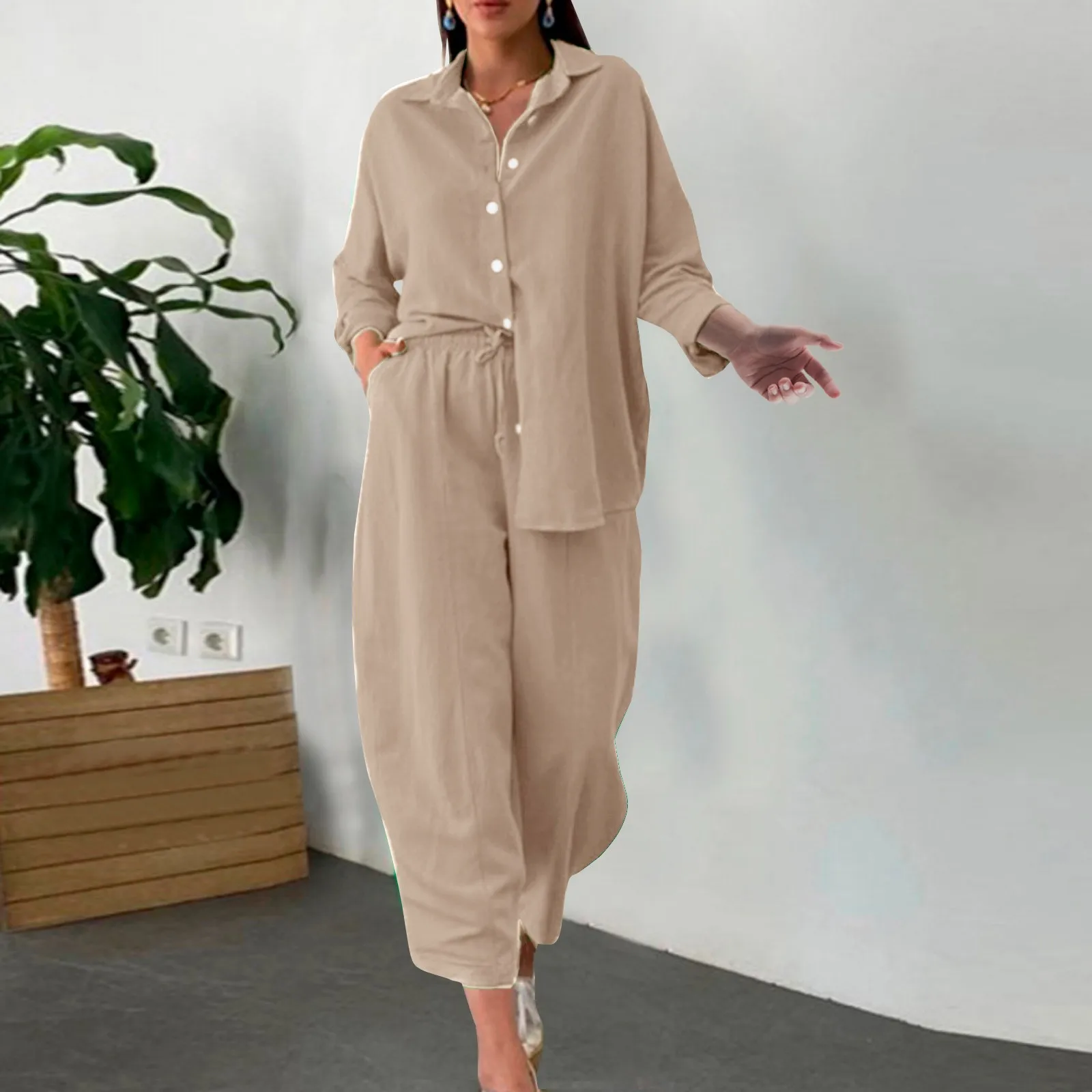 Casual Women's Sets Cotton Linen Two Pieces Sets Women Long Sleeve Beautiful Pink Shirt and Wide Pants Set Outfits Elegant 2023 2