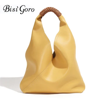 Bisi Goro Women Luxury Bag Casual Tote Female Fashion Handmade Handbag Lady Popular Soft Cowhide Genuine Leather Shoulder Bags