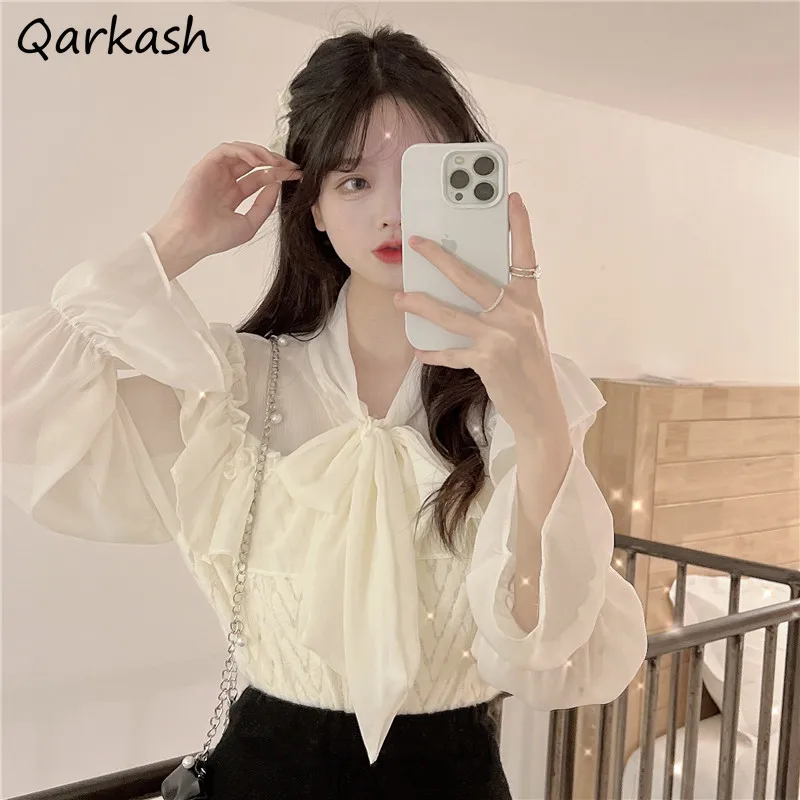 

Blouses Women V-neck Solid Casual Tender Stylish Lovely Ropa Fit Femme Spring Preppy Style Simple Korean Bow Design Blusas Y2k