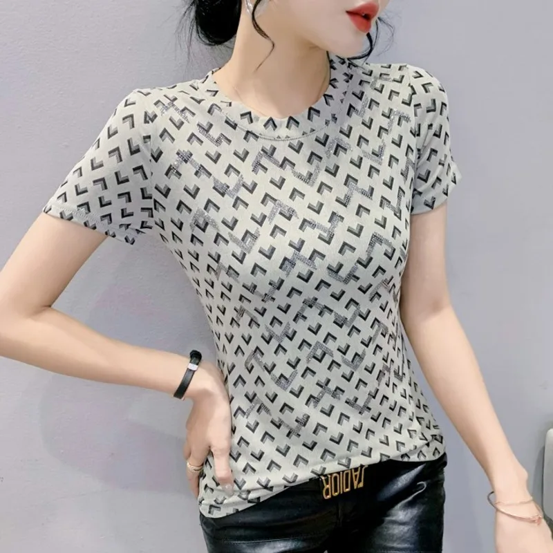 

#5179 Grey Green Printed Mesh T Shirt Women Diamonds Sexy Short Sleeve T Shirt Korean Fashion Skinny Basic Tshirt Femme Summer