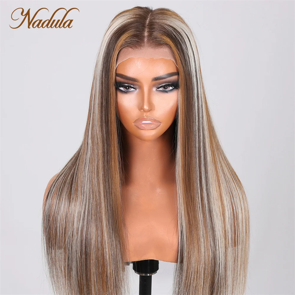 Nadula Straight Hair 13x4 Lace Front Wig Bright Blonde Hair Highlights on Dark Brown Hair 150% Density Mocca & Pale Latte Blonde