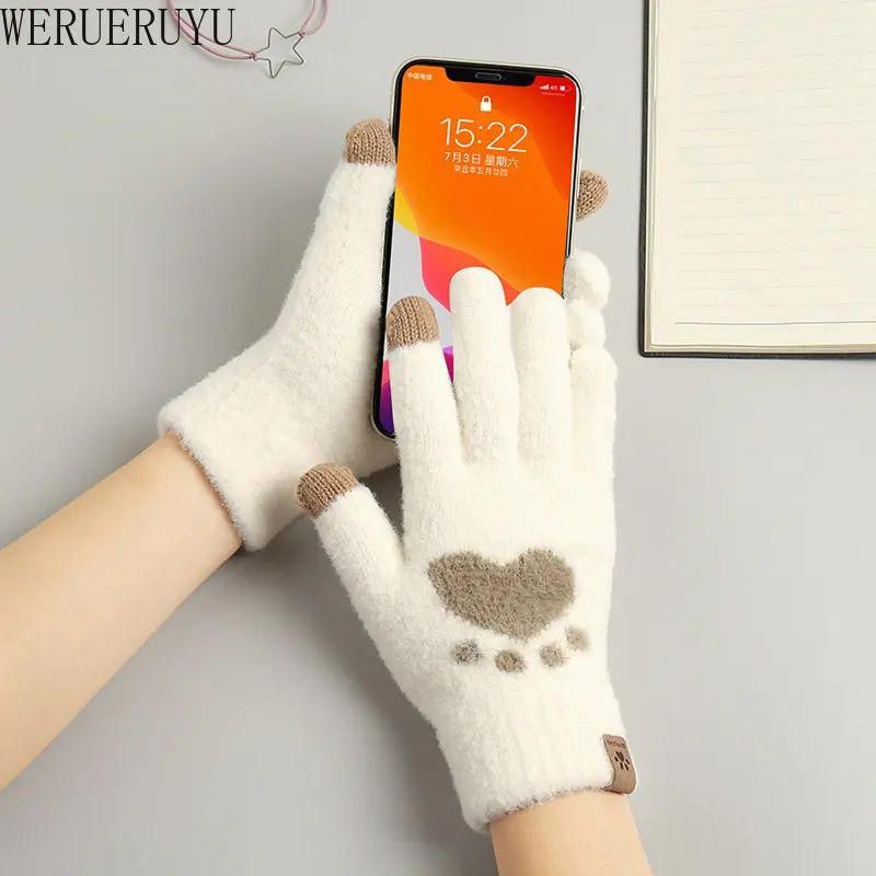 

Winter Knitted Warmer Plush Gloves Women Accessories Fashion Woman Kawaii Cartoon Cat Paws Mittens Heated Touch Screen Gloves