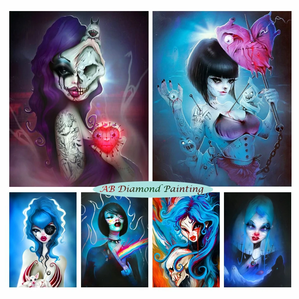 

Halloween Witch Skull 5D AB Drill Diamond Embroidery Painting Sexy Dark Girl Rhinestone Seductive Woman Cross Stitch Kit Decor