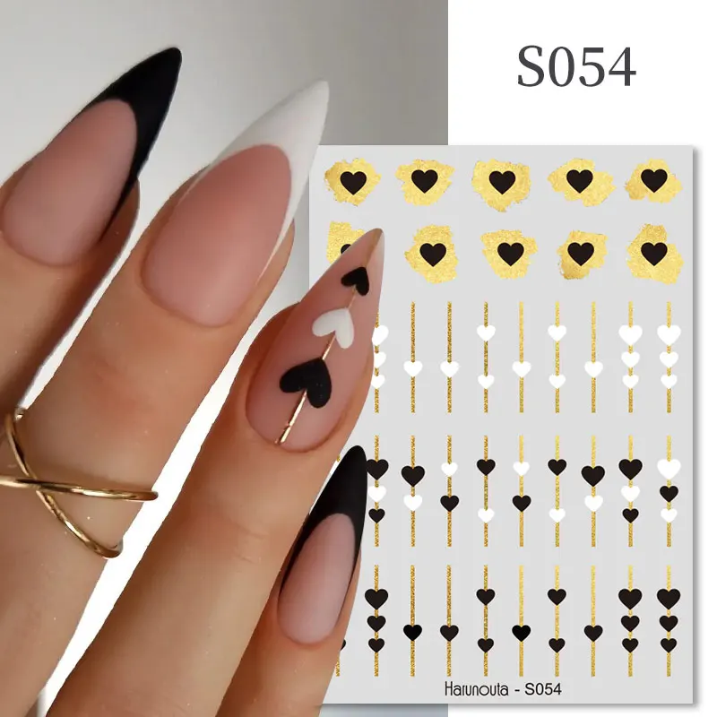 

Harunouta Black White Love Heart 3D Nail Sticker Golden Geometry Wave Lines Stripe Slider Manicure Flowers Adhesive Decals