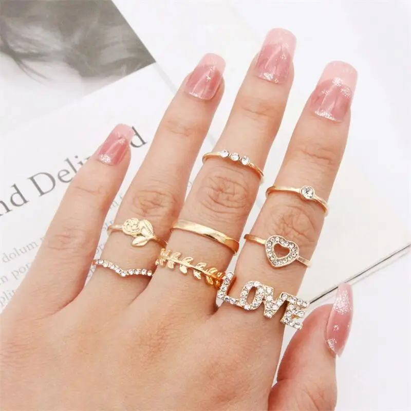 

Personality metal glossy hexagonal water droplets full of diamonds women's ring simple fashion combination stackable joint ring