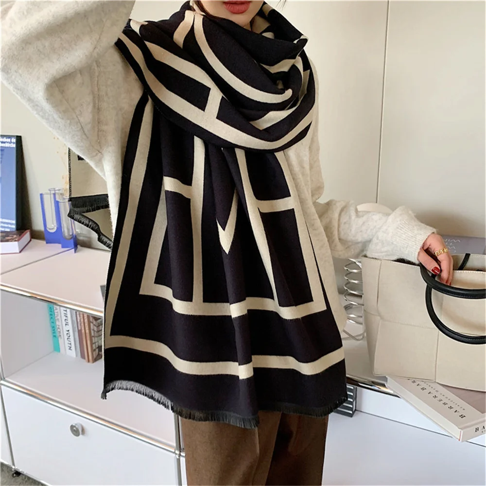 

Winter New Style Cashmere like Letter Jacquard Scarf Women's Thickened Versatile Neck Double sided Fashion Tassel Warm Shawl