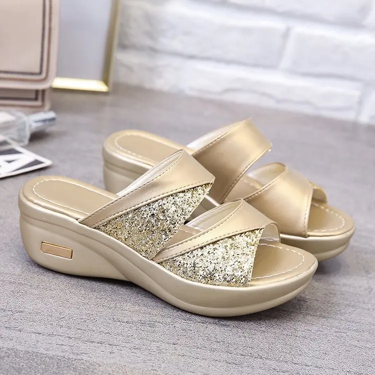 2022 new Women Summer Slippers Ladies Glitter PU Wedges Shoes Female Casual Slingbacks Sandals Comfortable Platform Woman