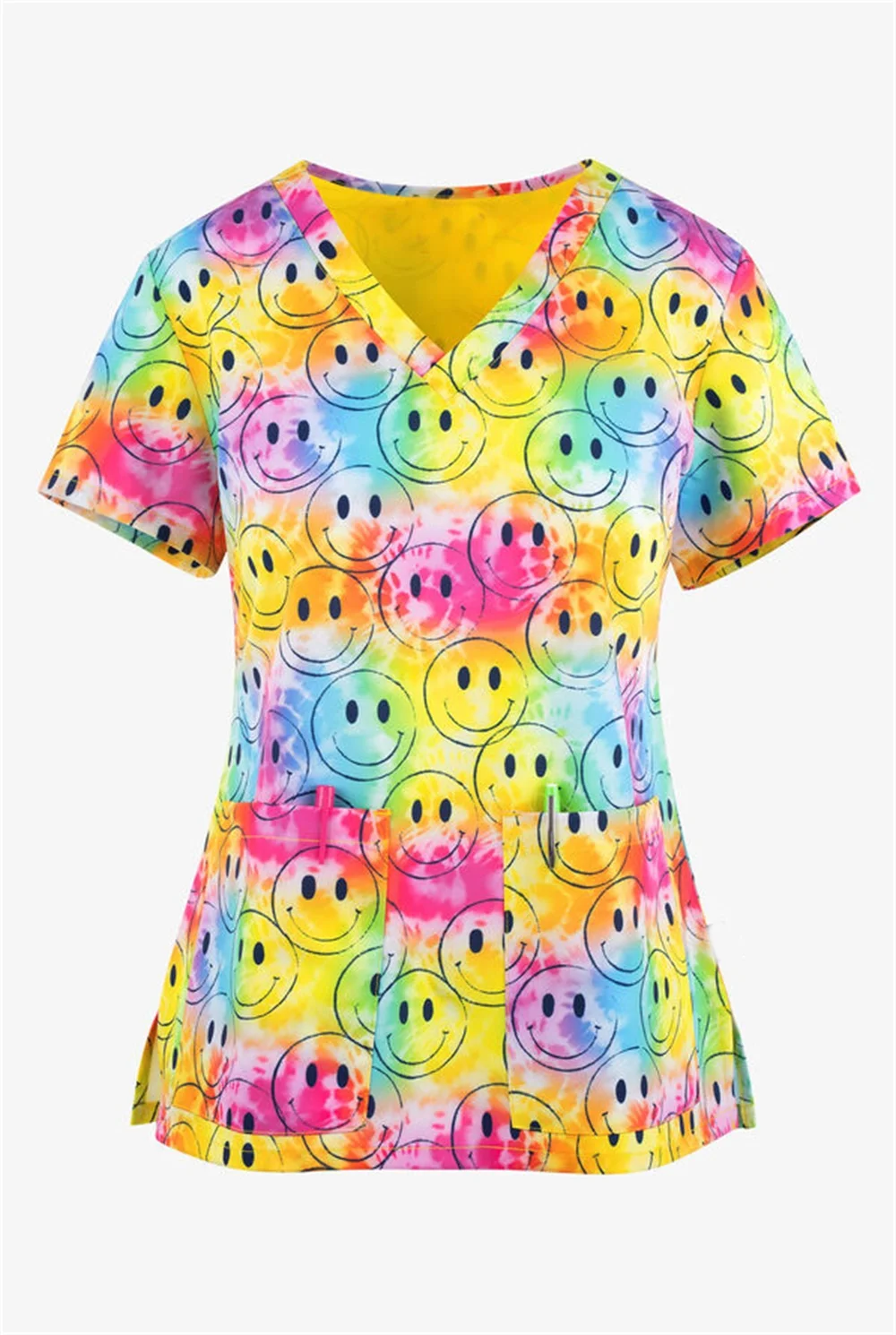 

New printed nurse uniform female short-sleeved T-shirt nurse work uniform scrub smiley cartoon print uniform nursing scrub top