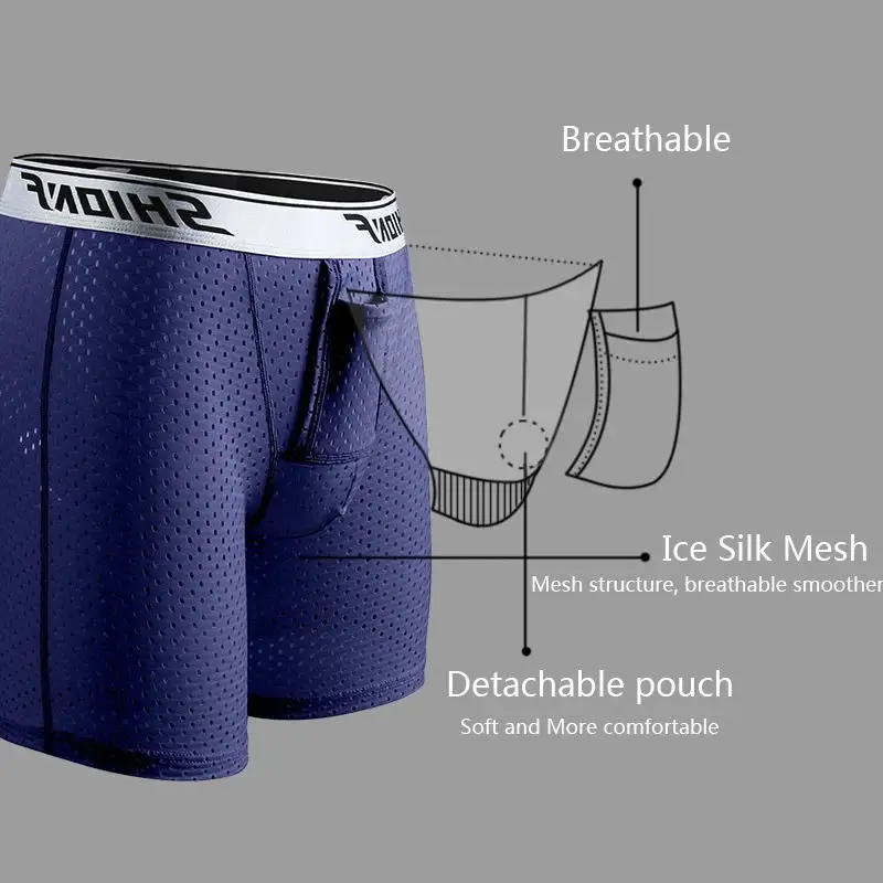Men Ice Silk Breathable Long Boxers Cuecas Homme Health Care Pouch Underpants Sexy Penis Pouch Boxer Shorts Mesh Underwear