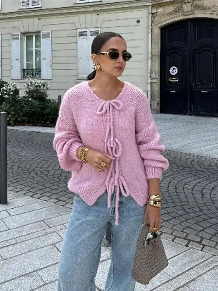 Коричневый вязаный кардиган на шнуровке с бантом модный повседневный свитер