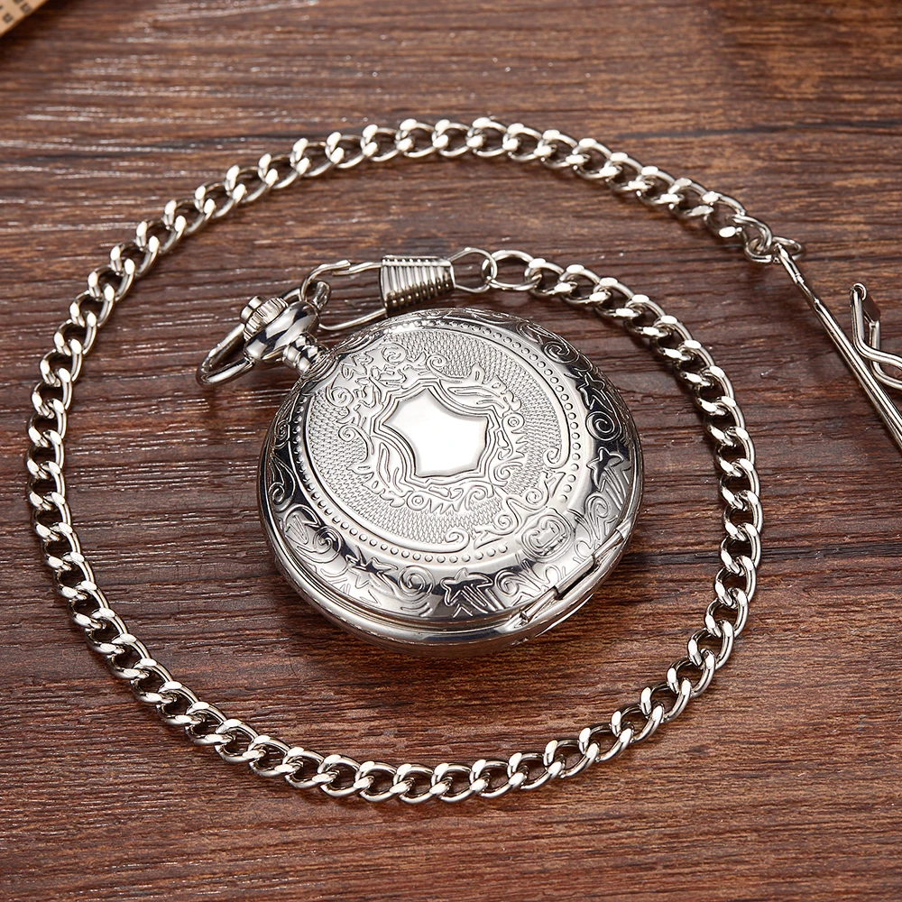 Skeleton Hollow Pocket Watch Men's Unique Flip Watches FOB Chain Pattern Engraved Case Luxury Dial Clock Male Relogio Masculino