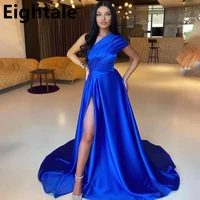 eightale 2022 royal blue satin one shoulder simple a line floor length evening dress side slit cheap prom party gown robe soir%c3%a9e