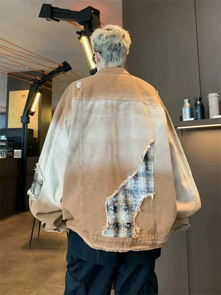 Американское винтажное джинсовое пальто с градиентом цвета в стиле пэчворк и