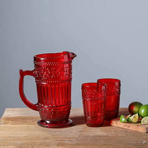 

Exquisitely Refined and Elegant 40 Ounce Red Glass Home Bar Decor Vintage Style Chui Pitcher - Perfect for Your Home Bar.